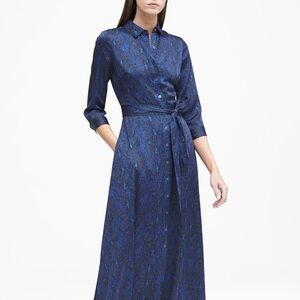 Banana Republic Blue Black Snakeskin Print Satin Belted Maxi Dress Sz 8